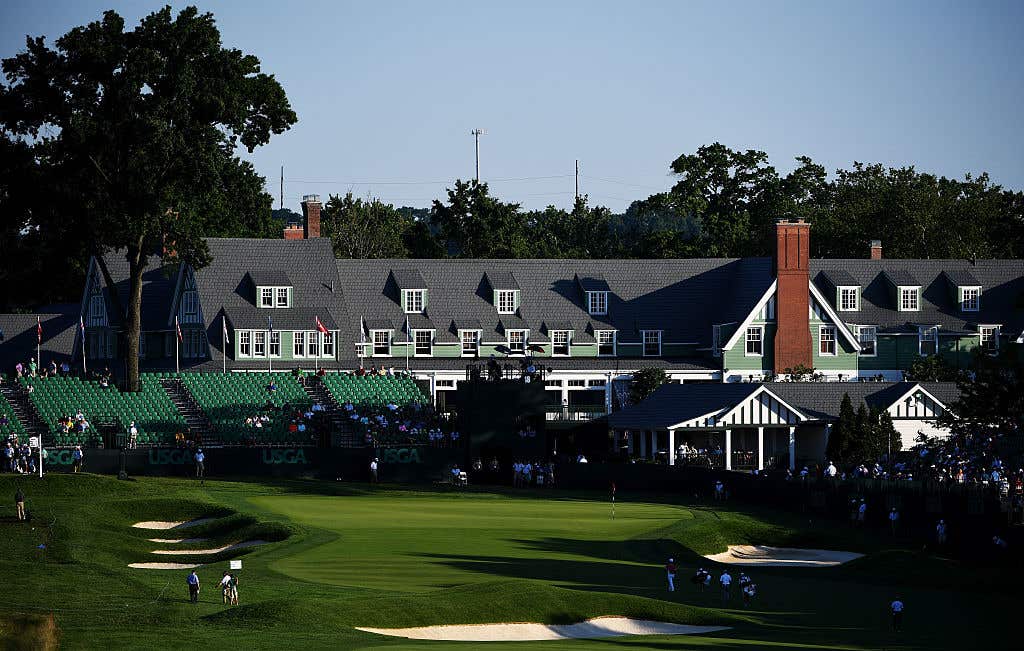 OAKMONT, PA - JUNE 17: A general view of the 18th green and clubhouse during the second round of the U.S. Open at Oakmont Country Club on June 17, 2016 in Oakmont, Pennsylvania. (Photo by Ross Kinnaird/Getty Images)