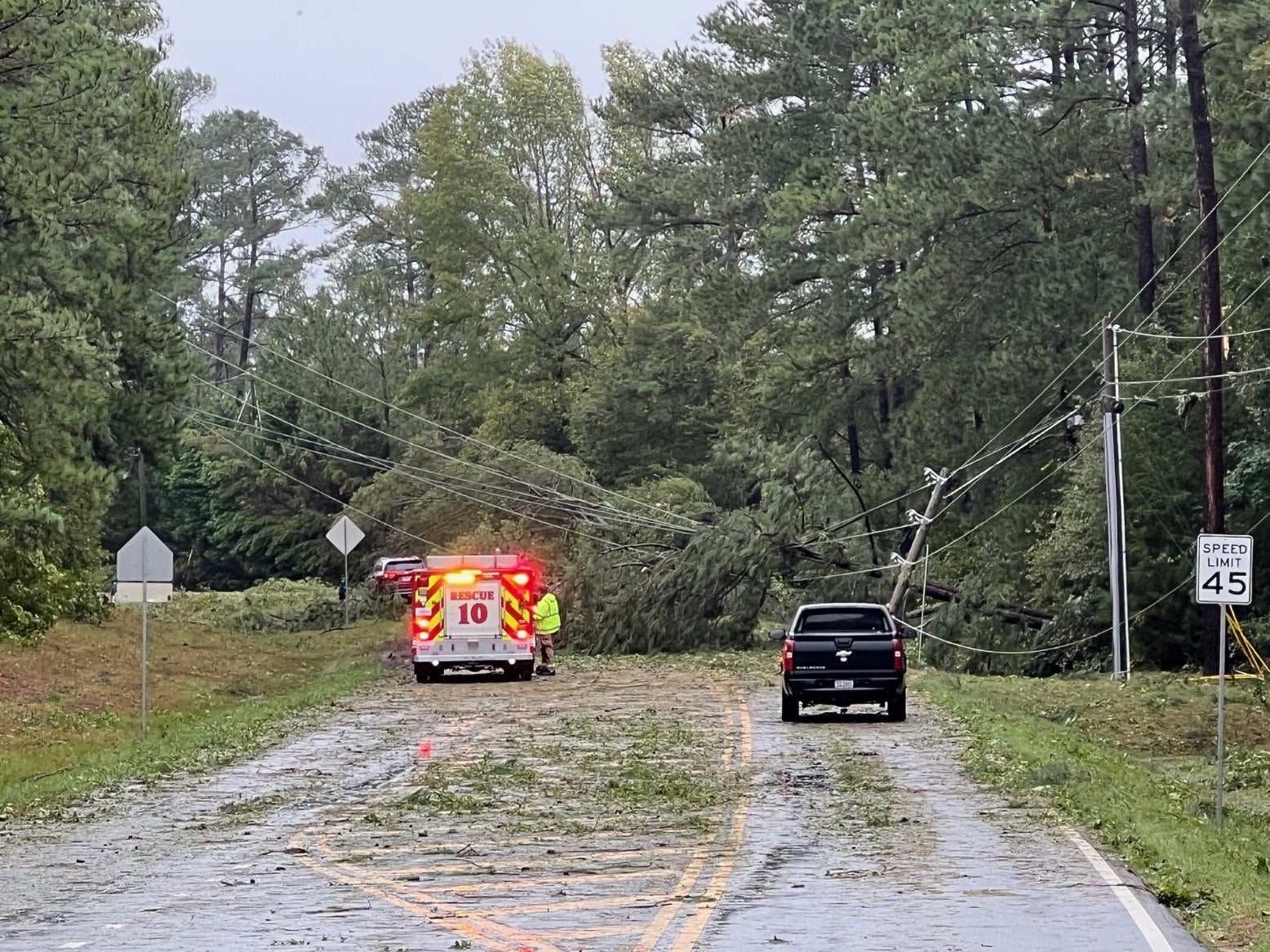 Trees and snagged power lines block William Few Parkway in Evans. Blocked roads and downed lines are a significant issue following Hurricane Helene.