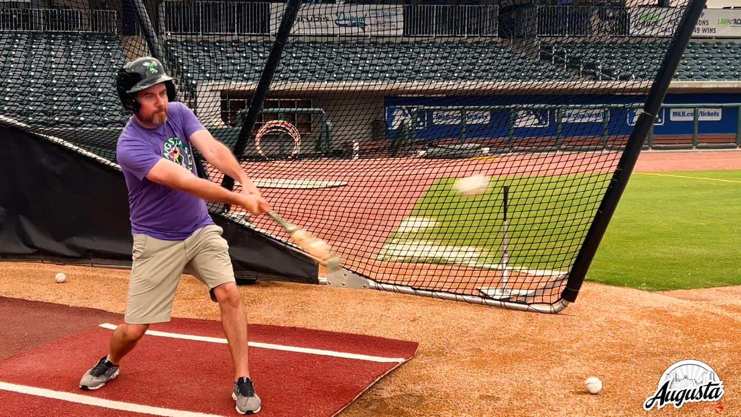 Bryan 'Dub' Axelson hits a line drive during batting practice at SRP Park in North Augusta, South Carolina.