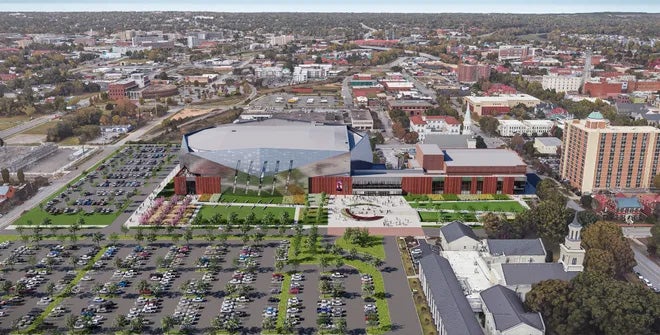 Architect's rendering of the new James Brown Arena and refurbished Bell Auditorium.