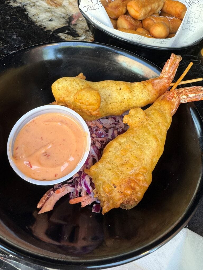 Seafood meets fair food in a pretty elevated way - the shrimp corn dogs at Electric Eats in Aiken, South Carolina.