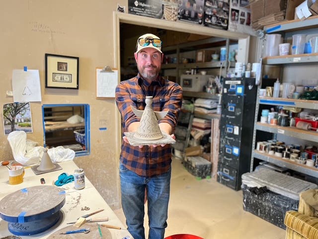 Bryan 'Dub' Axelson presents his pottery angel. A little wonky? Perhaps. But as a potter, he had No Prep.