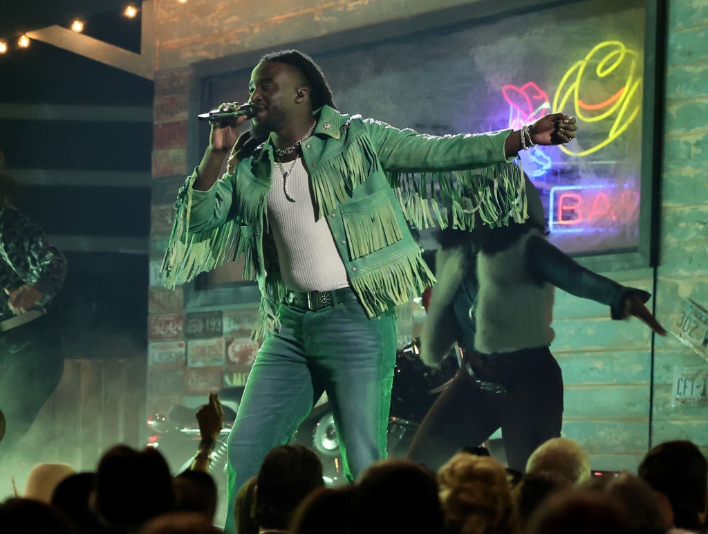 NASHVILLE, TENNESSEE: Shaboozey performs onstage during The 58th Annual CMA Awards at Bridgestone Arena on November 20, 2024 in Nashville, Tennessee. 