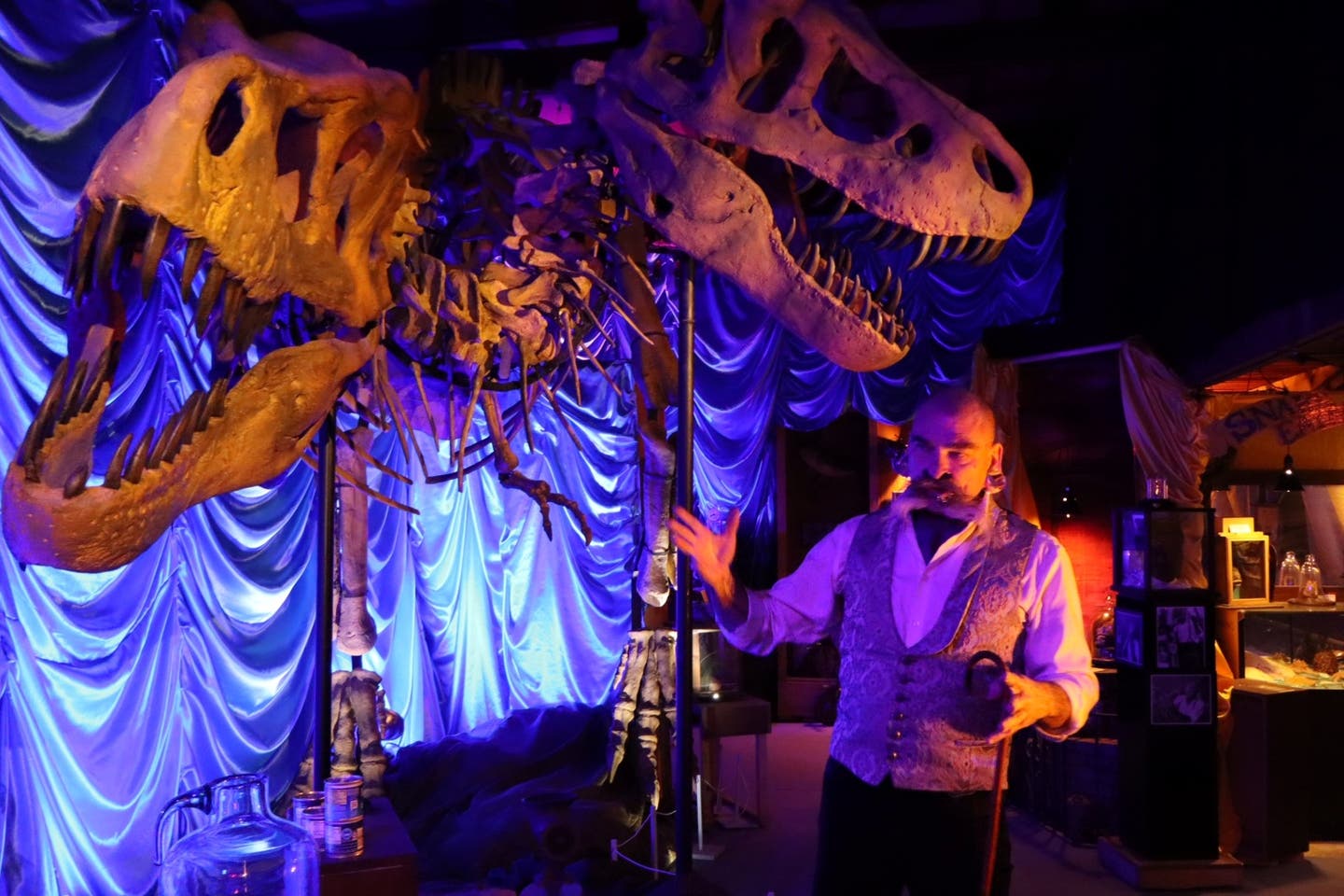 Peter Excho pontificates and educates in front of the two-headed T-Rex at Pexcho's Dime Museum.