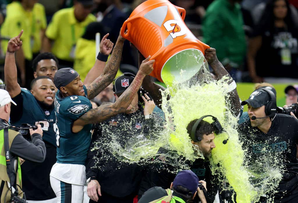 NEW ORLEANS, LOUISIANA: Head coach Nick Sirianni of the Philadelphia Eagles is showered with Gatorade in the fourth quarter against the Kansas City Chiefs during Super Bowl LIX at Caesars Superdome on February 09, 2025 in New Orleans, Louisiana.