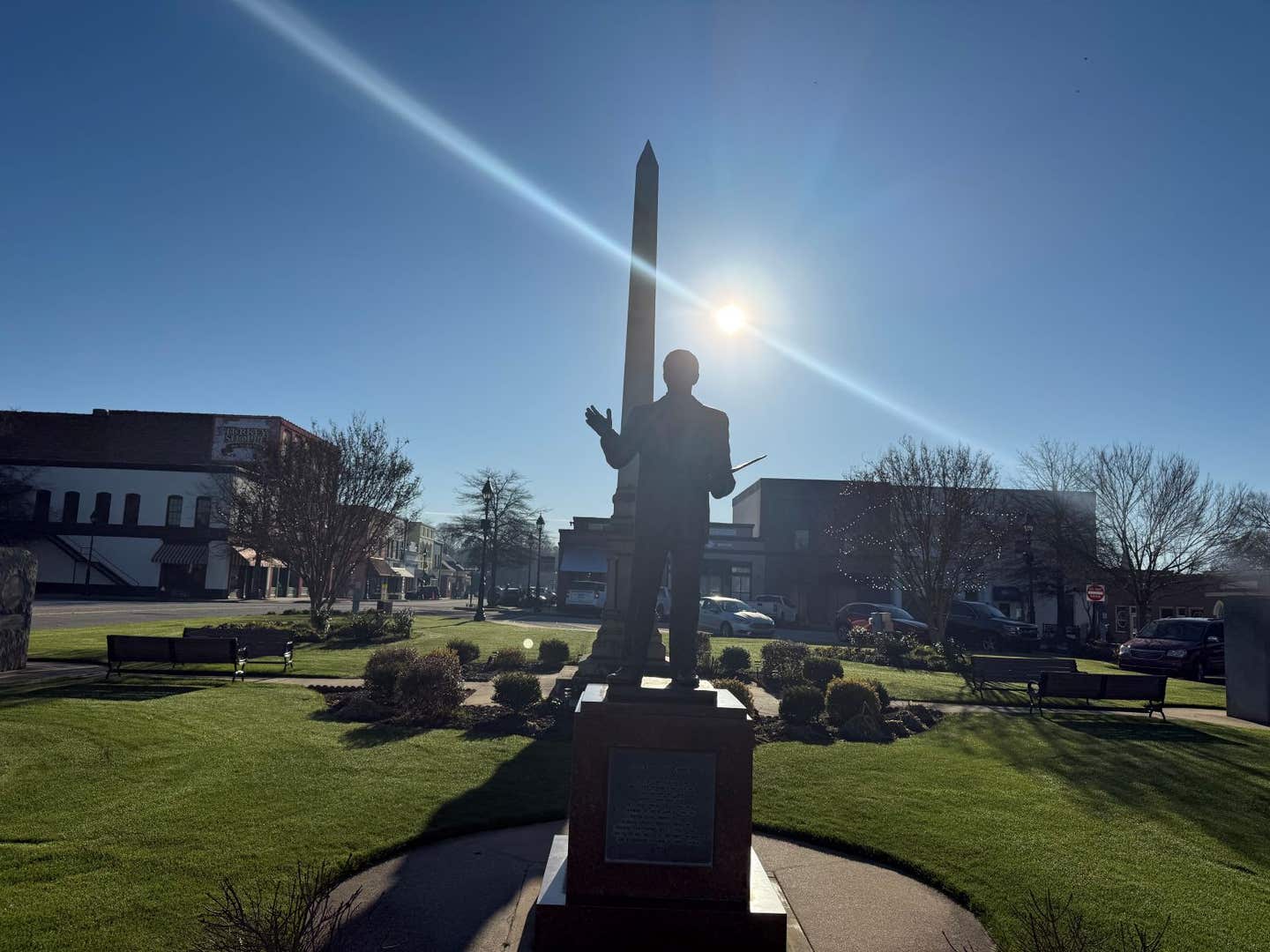 A statue of former South Carolina Senator Strom Thurmond stands at the center of the town square in Edgefield, South Carolina.