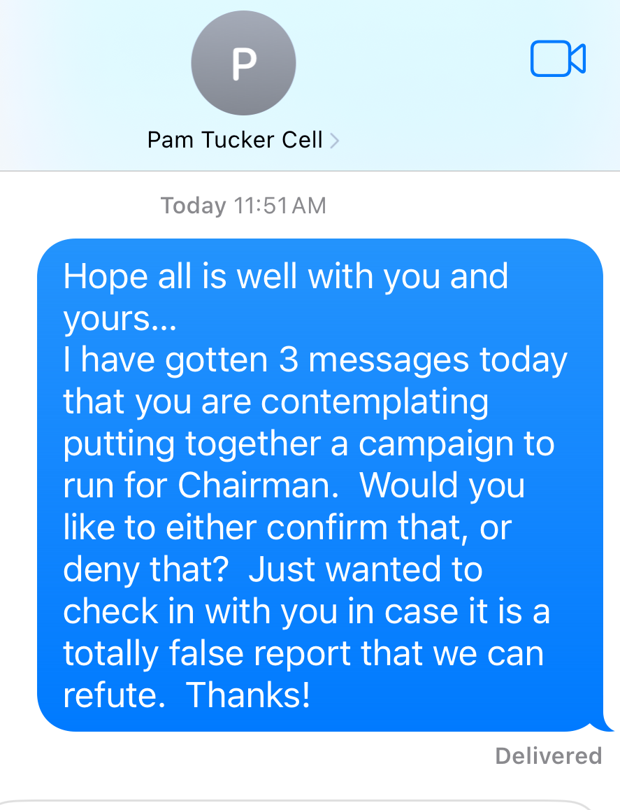 The text Augusta Today columnist Austin Rhodes sent to Pam Tucker Friday morning. As of press time, she had not responded.