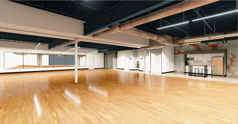 A rendering by Booker + Vick Architects of the rehearsal space in the Augusta Players new facility. Renovations are ongoing on Ellis Street in Augusta, Georgia.