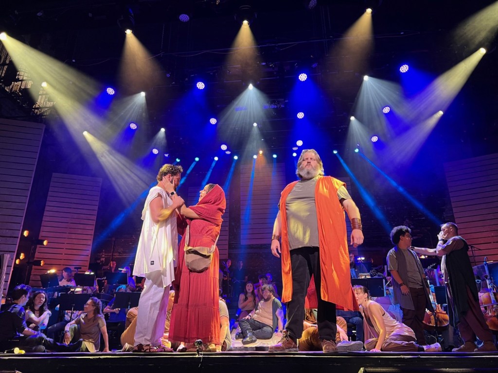 (L-R) Luke Amerson as Jesus, Ashley Rivera as Mary Magdalene and Ryan Abel as Judas rehearse with the cast, chorus and orchestra for the Augusta Players production of "Jesus Christ Superstar".